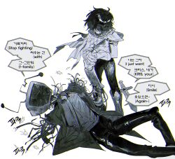 1boy 1other absurdres ant_tenna armored_boots bilingual_text blackmaro1 boots broken_tv cable collared_shirt commentary crt deltarune english_commentary english_text gloves greyscale highres korean_text kris_(dark_world)_(deltarune) kris_(deltarune) mixed-language_text monochrome necktie shirt short_hair side_cape sword utdr_(toby_fox) weapon