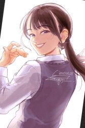 1girl actor artist_name brown_hair collared_shirt commentary_request dated fingernails from_behind grey_sweater_vest grin hand_up highres komuzuka long_hair long_sleeves looking_at_viewer looking_back low_ponytail mole mole_above_mouth nakamura_yukari_(voice_actor) parted_lips pillarboxed ponytail purple_eyes real_life shirt signature simple_background smile solo sweater_vest upper_body white_background white_shirt