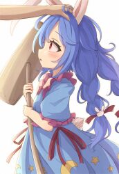 1girl 1other animal_ears blue_dress blue_hair blush crescent_print dress hair_ornament headpat highres holding kine long_hair low_twintails mallet neko_mata open_mouth rabbit_ears rabbit_girl rabbit_hair_ornament red_eyes seiran_(touhou) short_sleeves simple_background solo_focus star_(symbol) star_print touhou twintails white_background