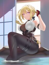 1girl ai-assisted belt breasts collared_shirt evelyn_chevalier gloves hair_bun high-waist_pants highres large_breasts looking_at_viewer mole mole_under_eye necktie pants pool romeboom self-upload shirt sleeveless sleeveless_shirt solo vector_art zenless_zone_zero zipper zipper_pull_tab