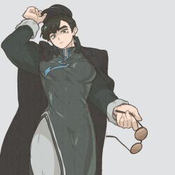 1boy black_coat black_dress black_hair black_hat brown-tinted_eyewear china_dress chinese_clothes cinq_association_east_uniform coat coat_on_shoulders crossdressing dress earrings green_eyes grey_background hat highres holding holding_removed_eyewear jewelry large_pectorals limbus_company looking_at_viewer male_focus meursault_(project_moon) ofuda_earrings pants partially_opaque_sunglasses pectorals project_moon round_eyewear short_hair simple_background solo standing sunglasses teryaa125 tinted_eyewear unworn_eyewear upper_body white_pants