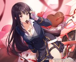 1girl black_hair blush breasts chocolate claire_kagenou cleavage food_bite kage_no_jitsuryokusha_ni_naritakute! kage_no_jitsuryokusha_ni_naritakute!_master_of_garden large_breasts long_hair looking_at_viewer midgar_academy_school_uniform official_art red_eyes school_uniform shirt skirt smile solo valentine very_long_hair