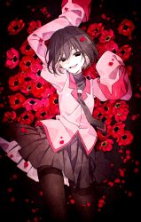 1girl arm_up arms_up black_background black_eyes black_hair black_pantyhose black_skirt bob_cut breasts dated empty_eyes flower hair_between_eyes highres long_sleeves looking_at_viewer lying manimani_(mani_ma) monogatari_(series) naoetsu_high_school_uniform necktie on_back open_mouth oshino_ougi pale_skin pantyhose petals pink_shirt pleated_skirt puffy_sleeves red_flower school_uniform shirt short_hair skirt sleeves_past_fingers sleeves_past_wrists smile solo