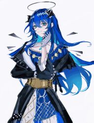 1girl absurdres ambience_synesthesia arknights black_dress black_halo black_horns blue_dress blue_eyes blue_hair closed_mouth commentary cowboy_shot dress gloves grey_background grey_dress grey_gloves hair_between_eyes halo highres horns layered_dress long_hair long_sleeves looking_at_viewer mostima_(arknights) mostima_(ethereal_harmony)_(arknights) official_alternate_costume simple_background sketch smile solo standing symbol-only_commentary traditional_halo zhishi_mao_tiao