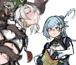 1boy 1girl absurdres bag_of_chips black_dress black_gloves blue_eyes blue_hair blurry blurry_foreground blush braid braided_bun breasts capelet chips_(food) closed_mouth commentary_request crop_top cropped_shirt dragon dragon_tale_fymena dragon_tale_lucias dragon_tale_pan dress duel_monster ear_covers earrings eating food fur-trimmed_capelet fur_trim glasses gloves hair_between_eyes hair_bun hair_ornament hair_stick hairclip highres interspecies jewelry large_breasts long_hair long_sleeves meme midriff mole mole_under_eye open_mouth potechi_aneki_(meme) sex sex_from_behind shirt short_sleeves sidelocks simple_background standing tassel tassel_earrings wa_tsuji white_background white_shirt yellow_eyes yu-gi-oh!