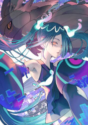 Rule 34 | 1girl, 1other, absurdres, ansel amanno, black dress, collarbone, commentary, detached sleeves, dress, ghost, ghost girl, ghost miku (project voltage), glitch, hair over one eye, hat, hatsune miku, highres, long hair, long sleeves, looking at another, looking at viewer, nintendo, official alternate costume, official alternate hairstyle, open mouth, orange eyes, pokemon, pokemon (creature), project voltage, shirt, sleeveless, sleeveless shirt, twintails, very long hair, vocaloid, witch hat