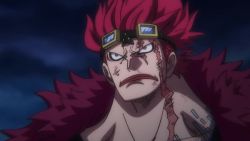 1boy abs animated blouse blue_hair clenched_hand clenched_teeth devil_fruit electricity epic eustass_kid grin henshin junk machinery mecha mechanical_arms multiple_boys muscular one_piece open_clothes open_shirt pectorals red_hair robot serious shirt smile teeth transformation video