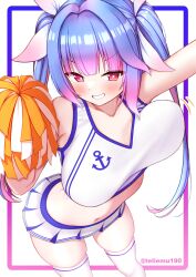 1girl absurdres alternate_costume anchor_symbol blue_hair bouncing_breasts breasts cheerleader commentary_request crop_top gradient_hair grin highres holding holding_pom_poms i-19_(kancolle) kantai_collection large_breasts long_hair multicolored_hair pink_eyes pleated_skirt pom_pom_(cheerleading) pom_poms red_eyes shirt skirt sleeveless sleeveless_shirt smile solo thighhighs tiemu_(man190) tri_tails twintails white_background white_shirt white_skirt white_thighhighs