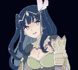 Rule 34 | 1girl, black background, black hair, blunt bangs, breasts, cleavage, fire emblem, fire emblem awakening, fire emblem heroes, gajira 07, hair ornament, looking at viewer, nintendo, official alternate costume, smile, solo, tharja (fire emblem), tharja (gloomy mage) (fire emblem), tiara, twintails, upper body