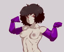 1girl agent_black_(the_iconoclasts) black_hair breasts colored_skin female_focus grey_skin highres nude prosthesis prosthetic prosthetic_arm red_eyes scar short_hair small_breasts solo statixalex the_iconoclasts upper_body