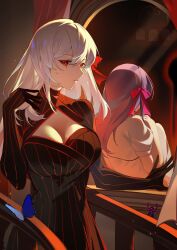 2girls absurdres amiably_02 black_dress black_gloves breasts bug butterfly cleavage_cutout closed_mouth clothing_cutout commentary_request dark_persona dark_sakura different_reflection dress dual_persona elbow_gloves fate/stay_night fate_(series) gloves hair_between_eyes hair_ribbon heaven&#039;s_feel highres indoors insect large_breasts looking_at_viewer matou_sakura mirror multiple_girls purple_hair purple_ribbon red_eyes red_ribbon reflection ribbon smile striped_clothes striped_dress vertical-striped_clothes vertical-striped_dress white_dress white_hair