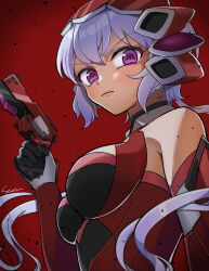 1girl absurdres black_bodysuit black_gloves blush bodysuit breasts breasts_apart closed_mouth detached_sleeves gloves grey_hair gun highres holding holding_gun holding_weapon low_twintails medium_breasts pink_trim purple_eyes red_background red_bodysuit seer042 senki_zesshou_symphogear short_hair_with_long_locks solo twintails two-tone_bodysuit two-tone_gloves upper_body weapon white_gloves yukine_chris