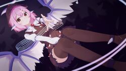 1girl absurdres animal_ears animated bird_ears bird_wings blinking brown_dress brown_hat brown_thighhighs closed_eyes commentary_request dress eighth_note falling_feathers feathers frilled_dress frills hat highres lancerkoi long_sleeves musical_note mystia_lorelei no_panties open_mouth pink_hair short_hair sleeve_garter smile solo tagme thighhighs tongling touhou video white_wings winged_hat wings