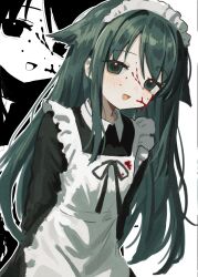 1girl absurdres apron arms_behind_back black_ribbon black_shirt blood blood_on_clothes blood_on_face chromasen collared_shirt green_eyes green_hair hair_flaps highres leaning_forward long_hair maid maid_apron maid_headdress monochrome_background open_mouth ribbon saya_(saya_no_uta) saya_no_uta shirt sidelocks smile