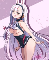 1girl absurdres animal_ears arm_behind_back ass azur_lane bikini bikini_over_clothes black_skirt breasts brown_eyes covered_navel hairband highres long_hair miniskirt nipples open_mouth pleated_skirt rabbit_ears rabbit_girl rabbit_tail red_bikini shimakaze_(azur_lane) shirt skirt smile solo swimsuit tail thighs umyonge_(lkakeu) very_long_hair white_hair white_shirt wind wind_lift