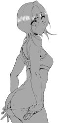 1girl absurdres ass bleach bra breasts cowboy_shot from_side hair_between_eyes head_cha_la highres kuchiki_rukia long_bangs looking_at_viewer looking_to_the_side monochrome panties parted_lips petite short_hair small_breasts solo sweat underwear white_background