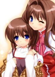 Rule 34 | 2girls, ;), blue eyes, brown hair, hair intakes, hands on shoulders, kanon, long hair, misaka kaori, misaka shiori, multiple girls, one eye closed, ribbon, school uniform, shawl, short hair, siblings, sisters, smile, wavy hair, wink, zen