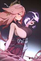 1girl absurdres animal_ears artist_name bantomin bare_arms bare_shoulders breasts commentary_request fox_ears fox_shadow_puppet from_side genshin_impact headpiece highres large_breasts looking_at_viewer magic pink_eyes pink_hair sideboob sideways_glance sleeveless solo twitter_username yae_miko