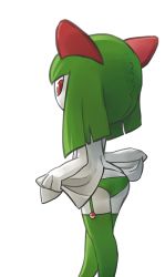 1girl ass clothes_lift colored_skin dress feet_out_of_frame from_behind garter_straps gen_3_pokemon green_hair green_panties green_thighhighs horns kirlia lifting_own_clothes loli nintendo no_humans panties pokemon pokemon_(creature) red_eyes sideways_glance simple_background skirt skirt_lift thighhighs tosx underwear white_background white_skin
