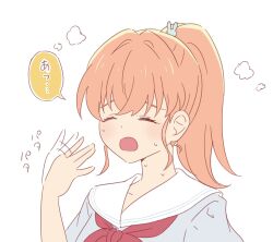 1girl :o blush closed_eyes commentary_request dress fanning_self grey_dress hair_ornament hasu_no_sora_school_uniform highres hinoshita_kaho hot link!_like!_love_live! lone_nape_hair love_live! makki_do medium_hair neckerchief open_mouth ponytail portrait rabbit_hair_ornament red_neckerchief sailor_collar sailor_dress school_uniform simple_background solo speech_bubble summer_uniform sweat translation_request virtual_youtuber white_background white_sailor_collar