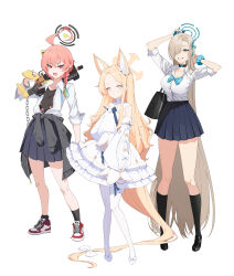 Rule 34 | 3girls, absurdres, ahoge, animal ear fluff, animal ears, arm up, arms behind head, asuna (blue archive), asuna (school uniform) (blue archive), bag, bare shoulders, black cardigan, black nails, black shirt, black shoes, black socks, blonde hair, blue archive, blue eyes, blue skirt, bow, braid, breasts, brown hair, cardigan, cardigan around waist, cellphone, chain, cleavage, closed mouth, clothes around waist, collared shirt, commentary request, detached sleeves, dress, dress shirt, fox ears, fox girl, fox tail, frilled dress, frills, full body, grin, gun, hair between eyes, hair over one eye, halo, hand up, highres, holding, holding gun, holding phone, holding weapon, large breasts, lemon tea (15058751917), loafers, long hair, long sleeves, multiple girls, nail polish, neru (blue archive), neru (school uniform) (blue archive), open clothes, open mouth, open shirt, orange hair, pantyhose, parted bangs, phone, pink eyes, pleated skirt, puffy long sleeves, puffy sleeves, red eyes, red shoes, school bag, school uniform, seia (blue archive), shirt, shoes, short sleeves, sig mpx, simple background, single braid, skirt, sleeveless, sleeveless dress, sleeves past fingers, sleeves past wrists, smile, socks, standing, striped clothes, striped pantyhose, submachine gun, tail, tail bow, tail ornament, thick eyebrows, tsurime, v-shaped eyebrows, vertical-striped clothes, vertical-striped pantyhose, very long hair, weapon, white background, white bow, white dress, white pantyhose, white shirt, white shoes, white sleeves