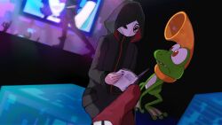 Rule 34 | absurdres, digimon, digimon story: cyber sleuth, frog, gekomon, highres, hood, hoodie, k (digimon), mask, red eyes, sharp teeth, teeth