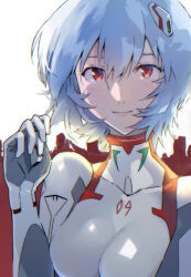 Rule 34 | 1girl, ayanami rei, blue eyes, blue hair, blush, bodysuit, breasts, evangelion: 2.0 you can (not) advance, evangelion: 3.0+1.0 thrice upon a time, gloves, hair between eyes, hand up, highres, interface headset (evangelion), long sleeves, looking at viewer, mecha pilot suit, medium breasts, neon genesis evangelion, pink lips, plugsuit (evangelion), rebuild of evangelion, red eyes, short hair, simple background, smile, solo, standing, upper body, white background, white bodysuit, yagisawa teru