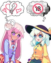 2girls another_ship_dynamic_i_enjoy_(meme) black_hat blue_shirt blush breasts bright_pupils buttons censored censored_thought content_rating cowboy_shot diamond_button expressive_clothes fub_(fubimanji) green_eyes green_skirt grey_hair hashtag-only_commentary hat hata_no_kokoro highres holding_hands holding_hands_is_lewd komeiji_koishi long_hair long_sleeves looking_at_another mask mask_on_head medium_breasts medium_hair meme mosaic_censoring multicolored_buttons multiple_girls no_mouth nose_blush open_mouth orange_skirt pink_eyes pink_hair shirt sidelocks simple_background skirt smile third_eye touhou white_background white_pupils yellow_shirt yuri