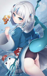1girl ass black_one-piece_swimsuit bloop_(gawr_gura) blue_eyes blue_hair blue_hood clownfish drawstring fins fish fish_tail from_behind gawr_gura gawr_gura_(1st_costume) grey_hair highres hololive hololive_english hood hoodie long_sleeves looking_at_viewer looking_to_the_side multicolored_hair one-piece_swimsuit panties polearm saebashi shark_tail smile solo streaked_hair swimsuit tail trident tropical_fish two_side_up underwater underwear virtual_youtuber weapon wedgie