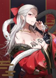 1girl akagi:_yami_ni_oritatta_tensai alcohol bare_shoulders black_background black_gloves blood blood_from_mouth body_writing bow breasts cleavage clenched_teeth commentary_request cup drinking_glass floral_print fukumoto_mahjong genderswap genderswap_(mtf) gijang gloves gold_necklace hair_bow hand_up highres holding holding_cup japanese_clothes jewelry kimono large_breasts long_hair looking_at_viewer nail_polish necklace off_shoulder red_background red_bow red_eyes red_kimono red_nails single_glove snake snake_wrapped_around_body sweat teeth translation_request upper_body washizu_iwao white_hair white_snake wide_sleeves wine wine_glass