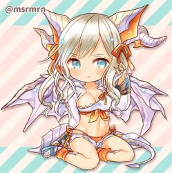 Rule 34 | 1girl, bad id, bad pixiv id, bikini, blonde hair, blue eyes, blush, chibi, dragon girl, dragon horns, dragon tail, dragon wings, female focus, horns, meopun (meopen429), myr (p&amp;d), puzzle &amp; dragons, short hair, side-tie bikini bottom, smile, solo, swimsuit, tail, wings