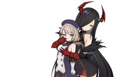 2girls :o azur_lane bare_shoulders beret bike_shorts black_dress black_hair blonde_hair blue_dress blue_eyes blue_hat blush bodysuit bodysuit_under_clothes bow breasts brown_bodysuit brown_hair brown_sleeves buttons chinese_commentary closed_mouth collarbone commentary_request covered_collarbone cowboy_shot cross detached_sleeves double-breasted dress elbow_gloves friedrich_der_grosse_(azur_lane) fur-trimmed_sleeves fur_trim gloves grey_gloves hair_bow hair_ornament hair_over_one_eye hand_on_another&#039;s_chest hat hat_bow height_difference highres horns hug hug_from_behind iron_cross large_breasts long_hair long_sleeves mature_female mechanical_horns medium_breasts multiple_girls no_bra open_mouth parted_lips purple_eyes red_gloves red_horns rock_zinc short_hair sideboob simple_background sleeveless sleeveless_dress smile standing striped_bow thighs turtleneck very_long_hair white_background white_bow white_gloves yellow_eyes yuri z23_(azur_lane)