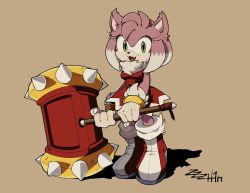 1girl :d amy_rose animal_nose artist_name boots bracelet breasts claws dress fangs full_body furry furry_female green_eyes hammer highres holding holding_hammer jewelry looking_at_viewer open_mouth red_dress simple_background smile solo sonic_(series) sonic_unleashed werehog zzzh1n