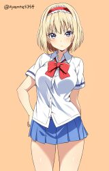1girl alice_margatroid alternate_costume blonde_hair blue_eyes blue_skirt bow bowtie breasts closed_mouth cowboy_shot frilled_hairband frills frown hairband hand_on_own_hip highres kyanta5354 looking_at_viewer medium_breasts miniskirt orange_background pleated_skirt red_bow red_bowtie red_hairband school_uniform shirt short_hair short_sleeves simple_background skirt solo touhou white_shirt