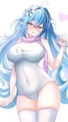 1girl absurdres ahoge bare_shoulders blue_hair breasts cowboy_shot elf glasses heart heart_ahoge highres hololive large_breasts long_hair low_twintails one-piece_swimsuit pink_scarf pointy_ears scarf semi-rimless_eyewear simple_background solo swimsuit thighhighs twintails under-rim_eyewear very_long_hair virtual_youtuber waniwani_(wasabiwaniwani) white_background white_one-piece_swimsuit white_thighhighs yukihana_lamy