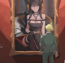 Rule 34 | 1boy, 1girl, absurdres, black dress, black hair, blonde hair, commentary, crossed legs, dress, facing away, green jacket, green pants, hairband, highres, holding, holding weapon, jacket, kakiradio, long hair, painterly, painting (object), pants, red eyes, short hair, sitting, spy x family, twilight (spy x family), weapon, yor briar