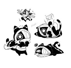 Rule 34 | animal, animal focus, artist request, cat, cloak, clothed animal, commentary request, dancing, diamond (gemstone), ear covers, eyelashes, fish, holding, holding animal, holding fish, hood, hood up, hooded cloak, lying, motion lines, mouth hold, multiple views, no humans, nyandola, official art, on stomach, ratatan, second-party source, signature, simple background, sparkle, squiggle, white background