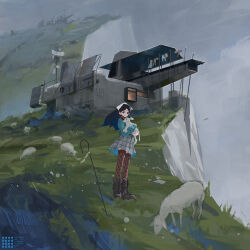 1girl absurdres airfish_(lefko_d) animal aqua_sweater aran_sweater baby_animal black_hair blue_eyes boots brown_boots building cable_knit cliff closed_mouth clothesline commentary_request floating_hair grass grey_skirt headscarf highres holding holding_animal lamb long_sleeves looking_at_viewer original outdoors plaid_clothes plaid_skirt radar_dish red_thighhighs research_station sheep shepherd shepherd&#039;s_crook skirt standing sweater thighhighs white_headscarf wide_shot