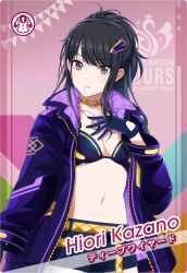 1girl belt black_hair blue_eyes breasts choker cleavage coat english_text flag gloves hair_ornament idol_clothes idolmaster idolmaster_shiny_colors idolmaster_tours japanese_text kazano_hiori navel official_art short_shorts shorts solo
