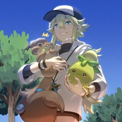 1boy ^^^ baseball_cap blue_eyes brown_pants collared_shirt commentary_request creatures_(company) crossed_bangs day from_below game_freak gen_8_pokemon green_hair hair_between_eyes hat highres holding holding_pokemon jewelry long_hair male_focus n_(pokemon) nagiru necklace nintendo outdoors pants pokemon pokemon_(creature) pokemon_bw ponytail shirt skwovet sky smile smoliv sweatdrop tree twitter_username undershirt watermark white_shirt wristband