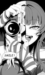1girl batman_(series) camera commentary dc_comics english_text fingerless_gloves gloves greyscale highres holding holding_camera hololive hololive_english long_hair looking_at_viewer magho monochrome multicolored_hair one_eye_covered open_mouth parody shiori_novella shiori_novella_(1st_costume) smile solo speech_bubble split-color_hair striped_clothes striped_gloves the_killing_joke two-tone_hair upper_body virtual_youtuber