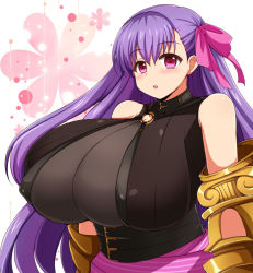1girl afuro bare_shoulders blush breasts cleavage_cutout clothing_cutout dress covered_erect_nipples fate/extra fate/extra_ccc fate/grand_order fate_(series) female_focus hair_ornament hair_ribbon huge_breasts long_hair looking_at_viewer o-ring open_mouth passionlip_(fate) pink_eyes purple_eyes purple_hair ribbon see-through_clothes simple_background solo standing upper_body