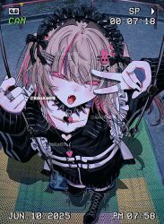 Rule 34 | 1girl, :d, adapted costume, alternate costume, black boots, black bow, black collar, black headdress, black jacket, black nails, blonde hair, boots, bow, chest harness, collar, collarbone, commentary, dated, empty eyes, fangs, flat chest, floating hair, foreshortening, frilled headwear, frills, from above, hair between eyes, hair intakes, hair ornament, hairclip, harness, headdress, highres, jacket, jewelry, leg tattoo, long hair, looking at viewer, makaino ririmu, makaino ririmu (5th costume), multiple rings, nijisanji, open mouth, outdoors, photo background, pink eyes, pink streaks, rabbit hair ornament, ring, sidelocks, silver ring, sleeves past wrists, smile, solo, spiked collar, spikes, swing, symbol-only commentary, tattoo, thigh boots, timestamp, track jacket, twitter username, two side up, v, v over eye, viewfinder, virtual youtuber, watermark, x hair ornament, xdoxa89