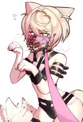 1girl animal_ears bikini black_bikini black_nails blonde_hair breasts commentary diiaphy_alt dog_ears dog_girl dog_tail english_commentary flying_sweatdrops heart heart-shaped_pupils highres hololive hololive_english holonatsu_paradise leash looking_at_viewer mask mococo_abyssgard mococo_abyssgard_(holonatsu_paradise) mouth_mask navel paw_pose pink_streaks small_breasts solo swimsuit symbol-shaped_pupils tail tail_wagging viewer_holding_leash virtual_youtuber