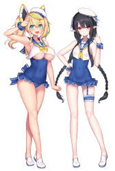 2girls anette_(pso2) black_hair blonde_hair blue_one-piece_swimsuit blue_sailor_collar braid breasts closed_mouth crossed_legs frilled_one-piece_swimsuit frills full_body garter_straps gene_(pso2) green_eyes green_hair hat large_breasts long_hair multicolored_hair multiple_girls neckerchief nidy one-piece_swimsuit open_mouth phantasy_star phantasy_star_online_2 pointy_ears sailor_collar sailor_one-piece_swimsuit scrunchie shoes sidelocks single_garter_strap small_breasts standing streaked_hair swimsuit twin_braids twintails underboob watson_cross white_footwear white_headwear white_neckerchief wrist_scrunchie