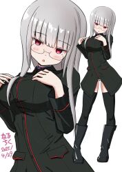 1girl black_bow black_jacket black_thighhighs boots bow breasts glasses heidimarie_w._schnaufer highres jacket large_breasts looking_at_viewer military military_uniform naruchisukisuki open_mouth panties red_eyes simple_background solo standing strike_witches thighhighs underwear white_background white_panties world_witches_series