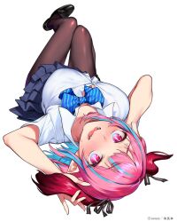 Rule 34 | 1girl, absurdres, artist name, black ribbon, black shoes, blue bow, blue bowtie, blue hair, blue skirt, blush, bow, bowtie, breasts, brown pantyhose, collared shirt, colored inner hair, fang, hair horns, hair ribbon, highres, horns, kanan-sama wa akumade choroi, kanan (kanan-sama), large breasts, loafers, looking at viewer, lying, medium hair, multicolored hair, nonco, on back, open mouth, pantyhose, pink eyes, pink hair, pleated skirt, pointy ears, red horns, ribbon, school uniform, shirt, shoes, short sleeves, simple background, skirt, slit pupils, smile, solo, streaked hair, striped bow, striped bowtie, striped clothes, striped ribbon, sweat, teeth, thighs, tongue, two-tone hair, white background, white shirt