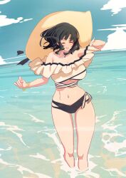 1girl arm_up bikini black_bikini black_hair blush bracelet breasts cleavage closed_eyes cloud commentary day hat highres jewelry kamotsu kantai_collection large_breasts mismatched_bikini navel ocean open_mouth outdoors sky solo standing stomach sun_hat swimsuit symbol-only_commentary takao_(kancolle) wading water white_bikini