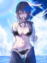 Rule 34 | 1girl, absurdres, bikini, bikini under clothes, black bikini, blue sailor collar, blue skirt, blush, breasts, haru (haru83380282), highres, ichinose uruha, large breasts, long sleeves, looking at viewer, lowleg, lowleg bikini, mouth hold, navel, open clothes, outdoors, purple eyes, purple hair, sailor collar, school uniform, shirt, short hair, skirt, solo, swimsuit, vspo!, white shirt