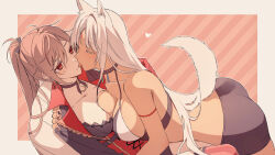 Rule 34 | 2girls, amazuki jou, animal ears, azur lane, breast press, breasts, brown hair, closed eyes, collarbone, dark-skinned female, dark skin, dog ears, dog girl, dog tail, facial mark, forehead mark, highres, historical connection, jean bart (azur lane), kemonomimi mode, large breasts, licking, long hair, massachusetts (azur lane), multiple girls, red eyes, red thighhighs, striped clothes, striped thighhighs, tail, thighhighs, tongue, vertical-striped clothes, vertical-striped thighhighs, white hair, yuri